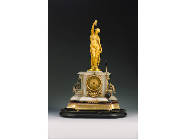 A French late 19th century gilt bronze and alabaster fugural mystery clock Figure signed P.H.Mourey. Movement No. 4912 65cm (clock and base)