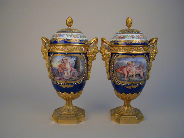 Pair ormolu mounted vases & covers