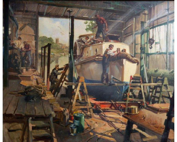 Terence Cuneo (1907-1996) "The Boat Builders" 64 x 77cm (25 1/4 x 30 1/4in).