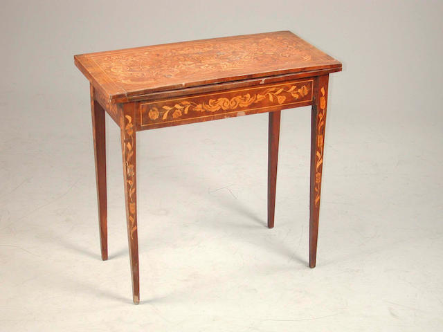 A late 18th century walnut and marquetry inlaid card table, 75 cm. wide x 37 cm. deep x 73 cm. high