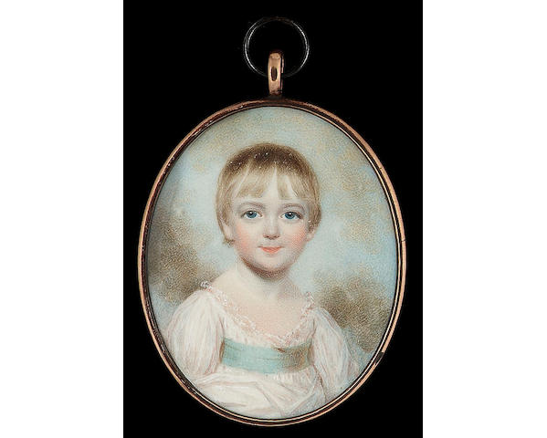 Edward Burch, A delightful portrait of a young boy with initials JG, wearing low-cut white dress with lace trim and pale turquoise-blue waistband