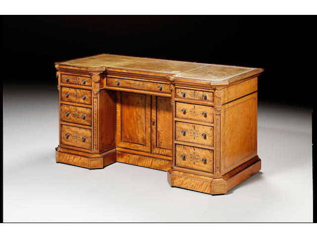 A Victorian walnut and marquetry kneehole desk by Gillow & Co. 156 cm wide.