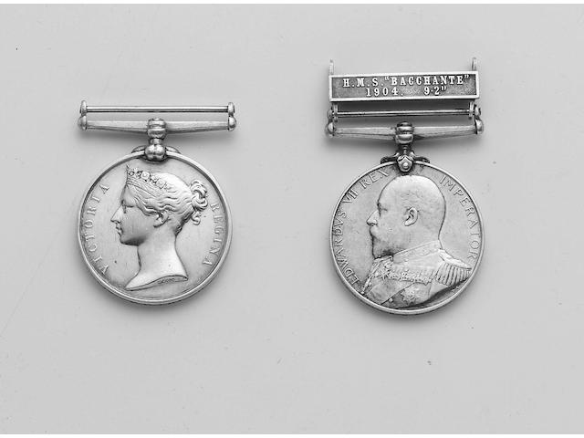 Pair to Petty Officer J.Ellis, Royal Navy, Royal Navy Long Service and Good Conduct, V.R. (John Ellis, P.O.1CL., H.M.S.Excellent.); Navy Good Shooting Medal, E.VII.R. with bar H.M.S."Bacchante" 1904. 9.2" (129967 J.Ellis P.O.1.CL., H.M.S. Bacchante 1903. 9.2 IN B.L.).