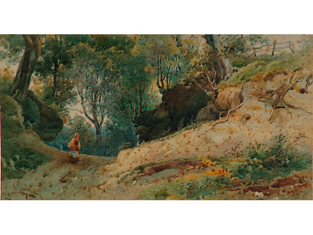 Alfred Leyman (1856-1933) 'A woman at the entrance to an old quarry'