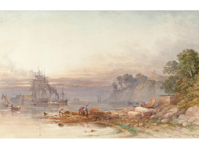William Cook of Plymouth (British, fl.1870-1880) Anchored off the South Coast 38 x 58 cm.