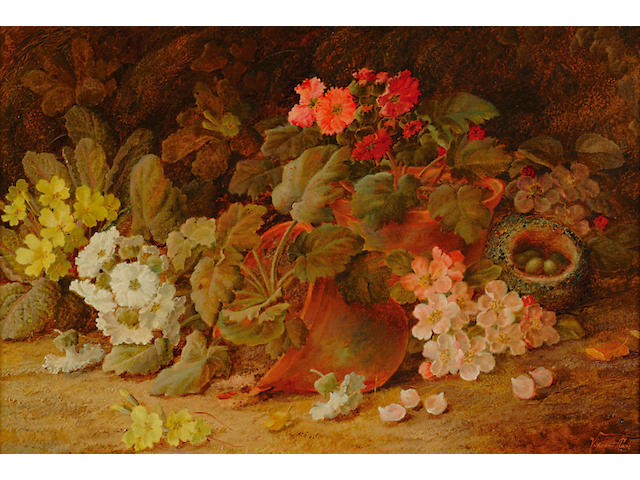 Vincent Clare (1855-1930) 'Potted polyanthus with a bird's nest and primroses' 40c60cm (15 3/4x23 1/2in)