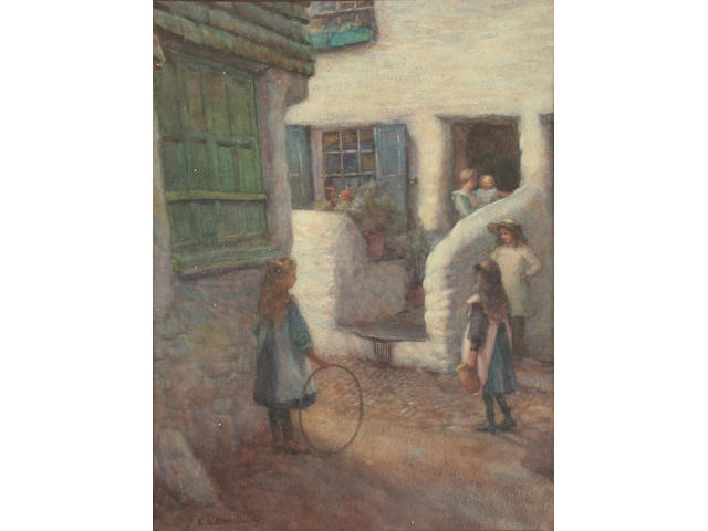 E. Louise Bradbury (British, exh.1899-1926) A game of hoops 31.8 x 24.2cm