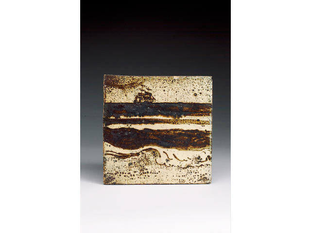 Bernard Leach a large Tile with 'Seascape and Galleon' design, 1930's 9in. (23cm) Square
