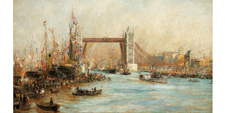 William Lionel Wyllie (British, 1851-1931) The Opening of Tower Bridge, 30th June 1894  78.7 x 134.6cm. (31 x 53in.)