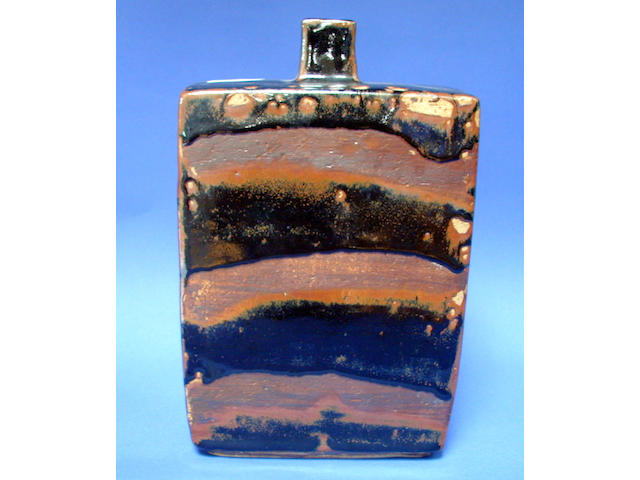 William Marshall A stoneware slab bottle, tenmoku glaze, impressed potters seal, 29cm high.