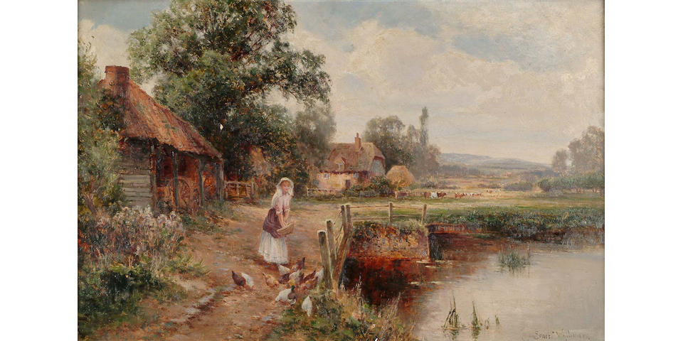 Ernest Walbourn (British, 1872-1927) Extensive river landscape with girl feeding birds by a river in the foreground,signed, oil on canvas,