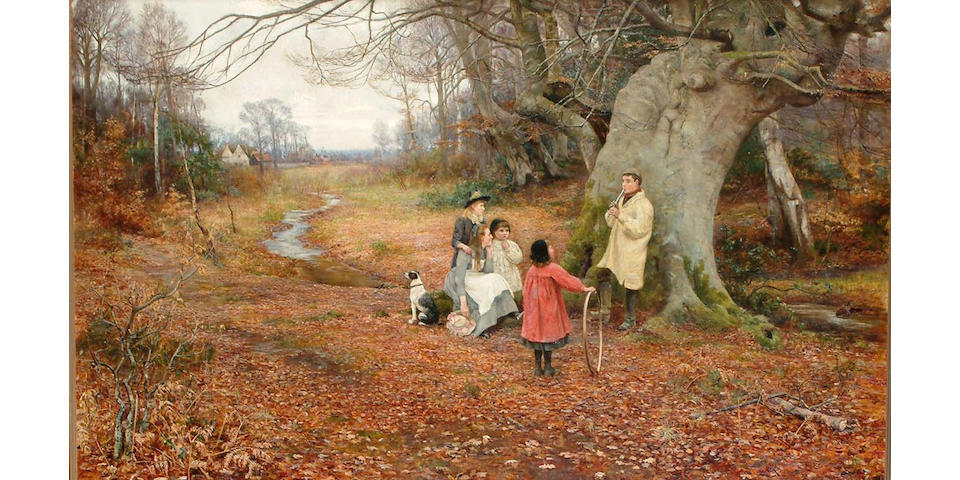 Florence Fitzgerald Extensive autumnal woodland scene, with children in the foreground, 75 x 126.3cm