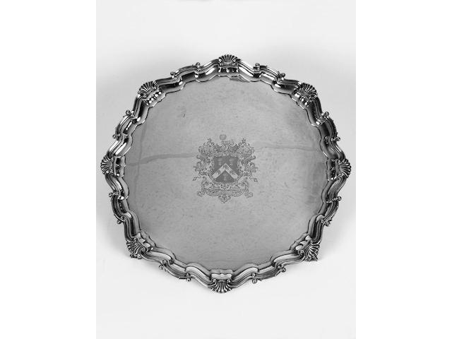 A large crested silver tray/salver