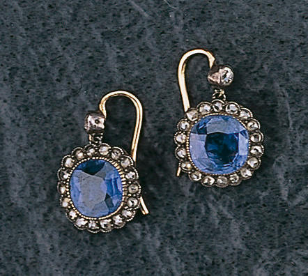 A pair of sapphire and diamond earpendants,