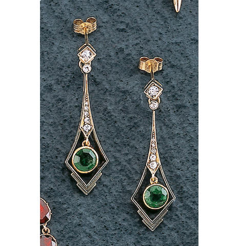 A pair of Art Deco diamond and emerald earpendants,
