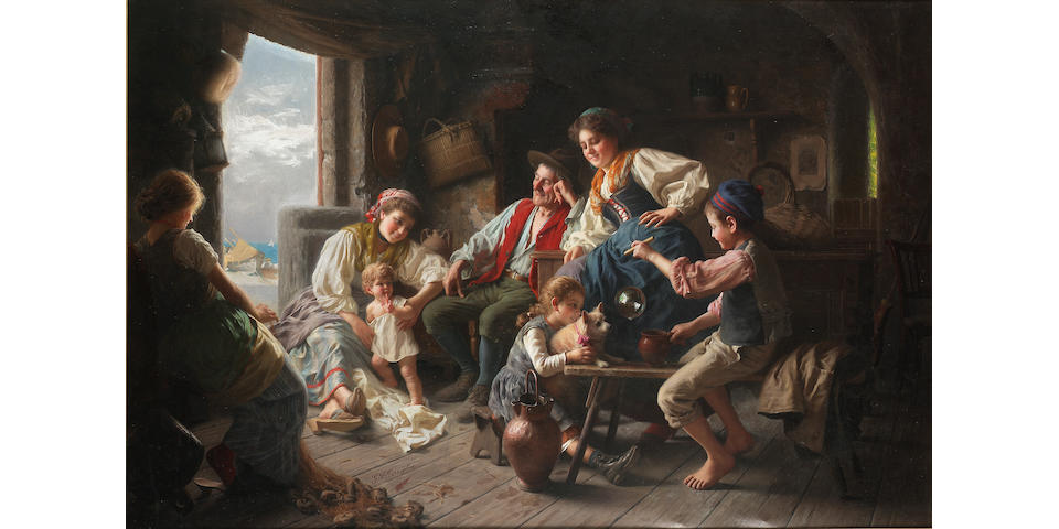 Giovanni Battista Torriglia (Italian 1858-1937) The fisherman's family 74 x 110 cm. (29 1/4 x 43 1/4