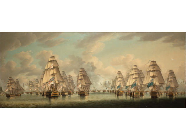 Robert Dodd (British, 1748-1815) The Battle of Trafalgar &#150; the two British columns going into action; Admiral Dumanoir's surviving French Squadron escaping the carnage each 63.5 x 152.4cm. (25 x 60in.), (2).