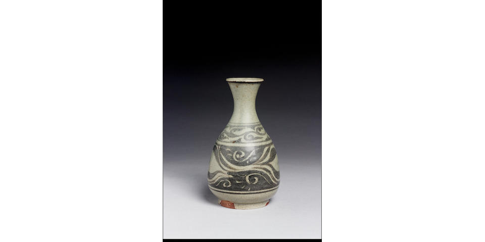 Bernard Leach stoneware vase:- greyish/green with scroll design.