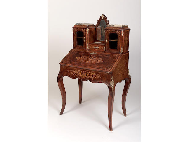 A late Victorian burr walnut and marquetry inlaid bonheur du jour, 141cm x 80.5cm x 53cm,