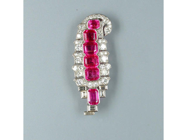 An art deco ruby and diamond brooch by Cartier