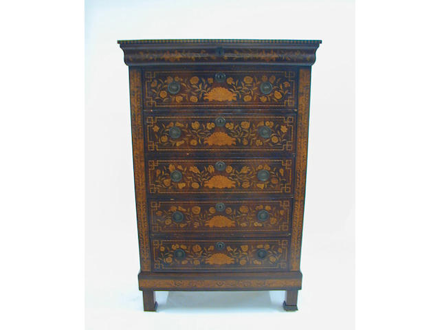 A 19th Century Dutch marquetry tallboy chest, inlaid to the front and sides with birds, urns of flowers, foliage and shells, fitted with a cushion shape frieze drawer above five long drawers, on block feet, 104cm wide.