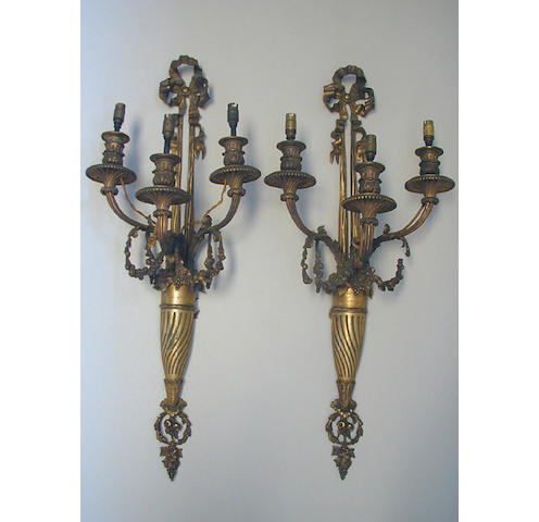 A pair of late 19th century three branch wall appliques by Raingo Freres, 75cm high.