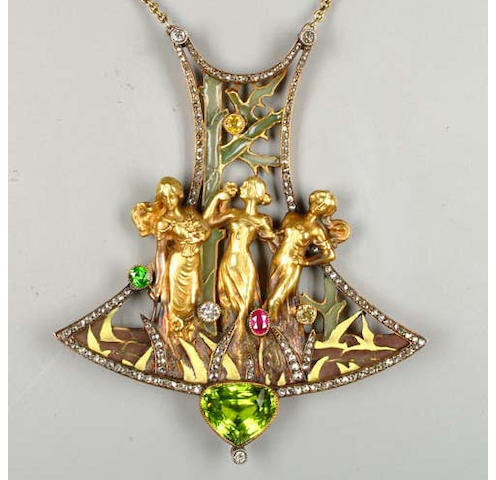 An art nouveau gold, enamel and gem set pendant by Emmanuel Jules Jo&#235; Descomps