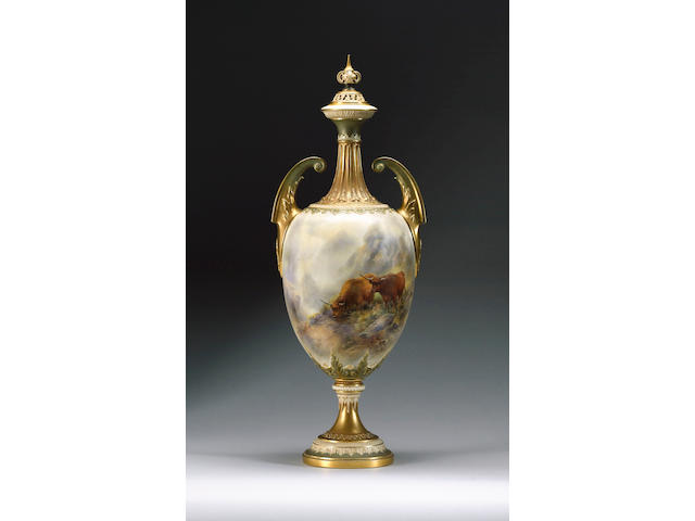 A superb Royal Worcester vase and cover by John Stinton dated 1913