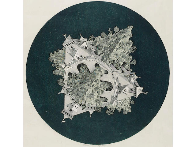 Maurits Escher Doppelplanetoid Colour wood engraving, 1949, on wove, signed and inscribed eigen druck in pencil; faint foxing and creasing 370mm diam. (14 1/2in)(I)