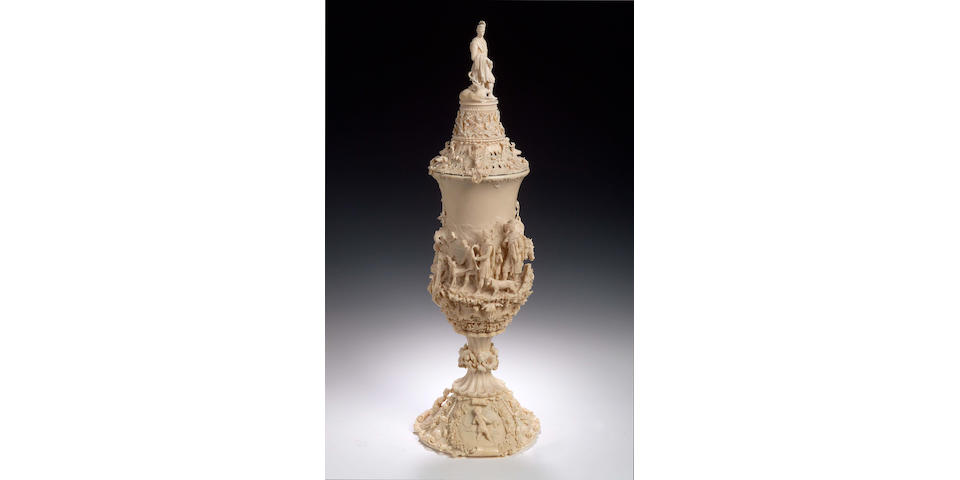 A very fine and large South German carved ivory Goblet and Cover,