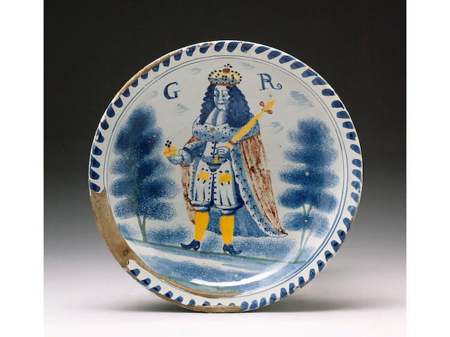 A English delft George I or George II coronation charger circa 1714-27