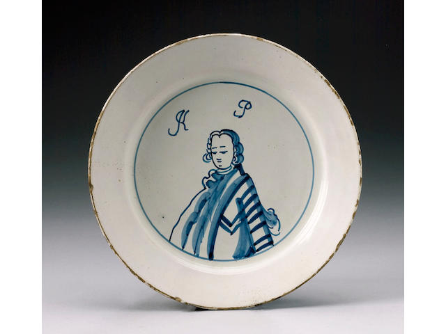 An English delft 'King of Prussia' plate circa 1760