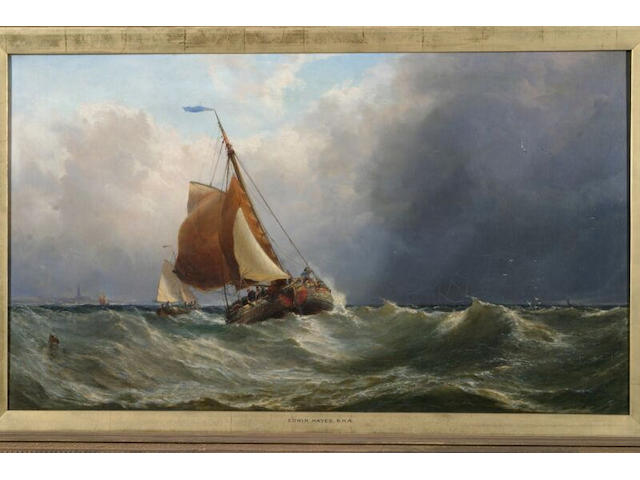Edwin Hayes Dutch barges in a stiff breeze off the coast, signed and dated 1869, oil on canvas, 48 x 84cm.