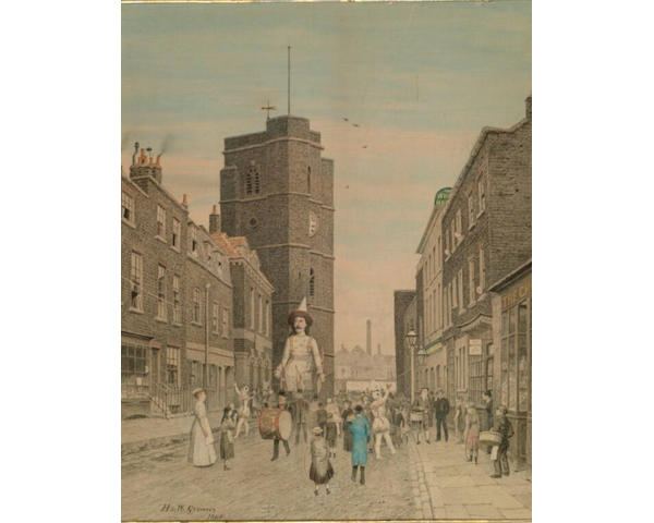 Henry and Walter Greaves (19th/20th century) "Church Street, Old Chelsea", carnival procession in Church street with figures in costume and a drummer, 60.5 x 48cm