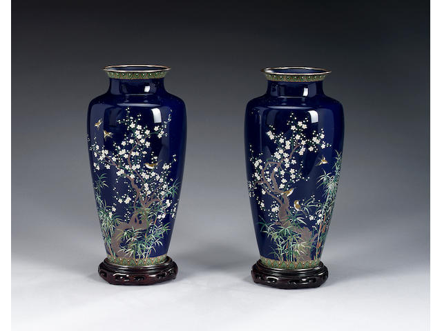 A pair of blue-ground cloisonn&#233; vases,