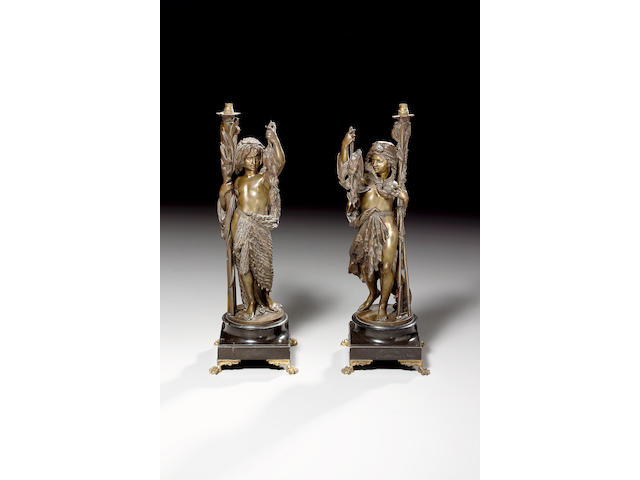 After Carrier- Belleuse, Alfred Ernest (1824 - 1887): a pair of bronze figural lights