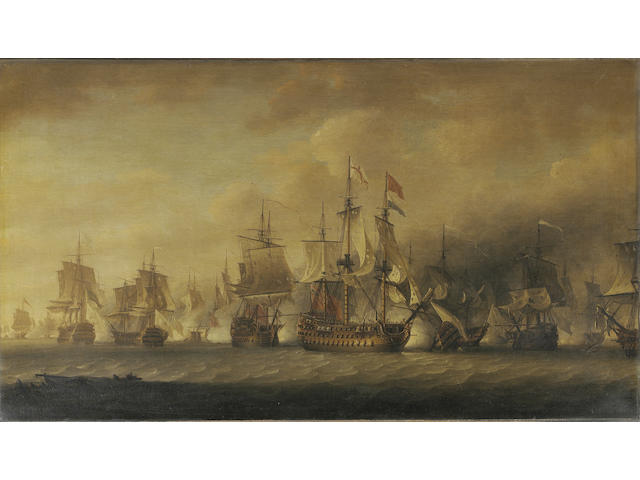 Nicholas Pocock (British, 1740-1821) Admiral Rodney&#8217;s flagship &#8220;Formidable&#8221; raking the enemy with a port broadside early on in the battle of the Saintes, 12th April 1782, 61 x 106.7cm. (24 x 42in.)