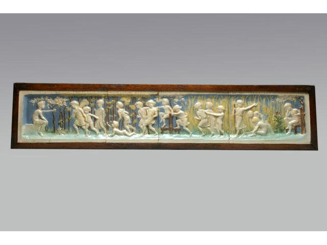 A Della Robbia framed tile overmantel panel By Ellen M Rope,