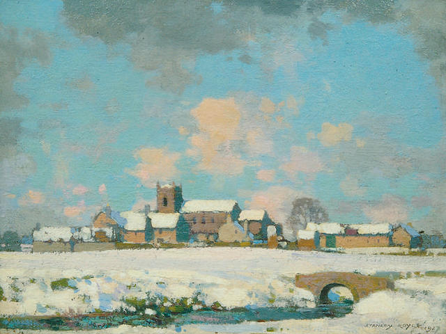Stanley Royle R.B.A., A.R.W.A. (1888-1961) A village scene in the snow 29 x 39.5cm