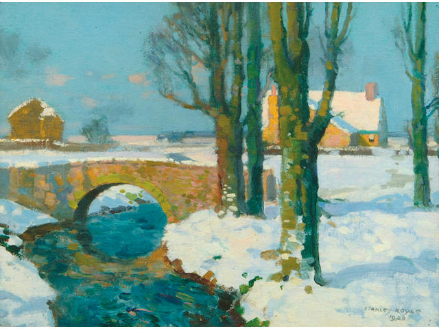 Stanley Royle R.B.A., A.R.W.A. (1888-1961) A river landscape with buildings in winter 29.5 x 39.5cm