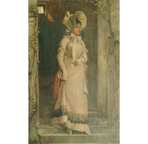 Norman Garstin (1847-1926) A fashionable Parisien stood on a doorstep  53.5 x 35cm