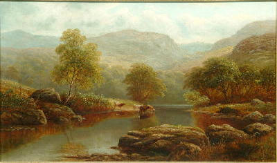 William Mellor (1851-1931) A river landscape with cattle watering, possibly on the Wharfe; A Lakelan