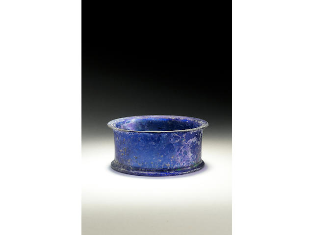 A Roman rare translucent cobalt blue cast glass lidless pyxis