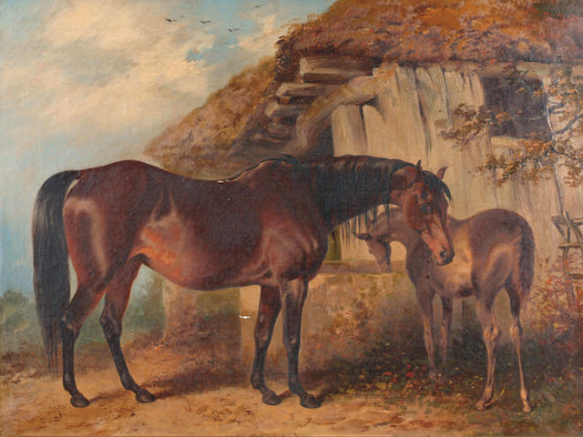 Henry Barraud (1811-1874) 'A mare and foal outside a barn'