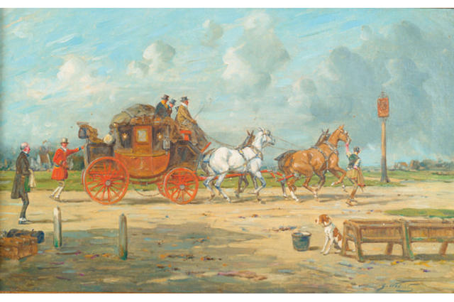 George Wright (1860-1942) 'London and Exeter coach arriving at a staging inn'