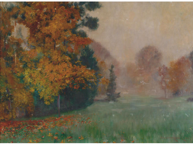 Philipp Franck (1860-1944 German) 'Parkland - a misty autumn day' Signed, oil on canvas laid down 71 x 96cm