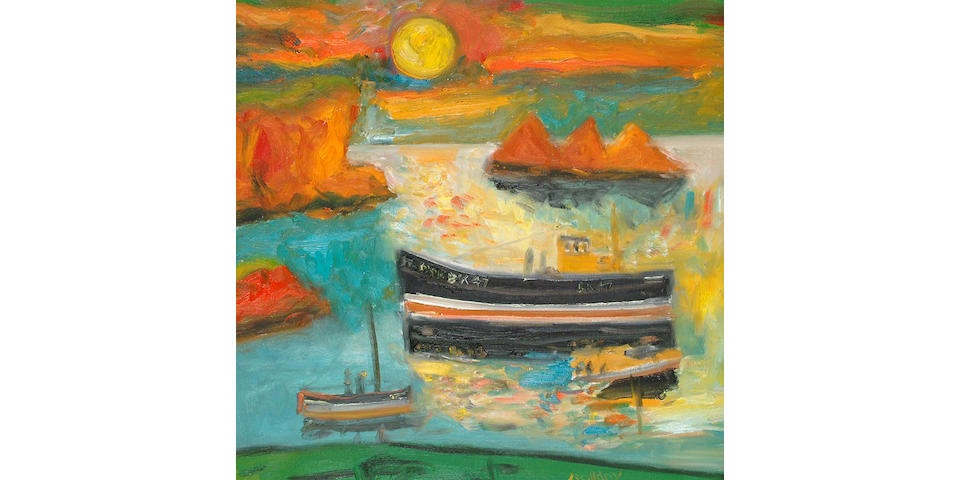 John Bellany (British, b.1942) Boat and Sun 50 x 50cm.