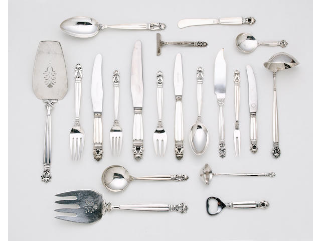 Johan Rohde for Georg Jensen: A collected Acorn (Konge) pattern service of flatware, maker's marks mostly for 1933 - 1944, some with Danish hallmarks,