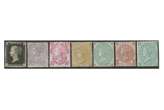 1840-1953 a mint or unused collection, mixed condition in an album, inc. 1840 1d. plate VI RJ, VII ED, 1841 2d. QK, 1858-79 2d. plate 15 MA, 1847-54 embossed 10d. and 6d., 1855-57 6d., 1862-64 3d. MF, 4d. QD, 6d. PE, 9d. HL, 1/- NC, 1865-67 4d. plate 11 QC, 9d. RK, 1867-80 3d. plate 5 CC, 9d. MJ, 10d. OF1/- plate 5 LA, 1872-73 6d. pale buff plate 11 LL, 6d. grey plate 12 IJ, 1873-80 1/- orange-brown plate 13 AB, 4d. sage-green plate 16 KC, 8d. orange AD, 1882-83 wmk. Anchor &#163;5 orange CC, 1883-84 wmk. Anchor 2/6d/ LE, 10/- NH, 1883-84 to 9d., 1902-13 2/6., 5/-., 10/- and &#163;1., Seahorses with 1913 Waterlow 10/-., &#163;1 dull blue-green, 1918-19 Bradburt 10/-, 1929 P.U.C. &#163;1, etc. (846)
