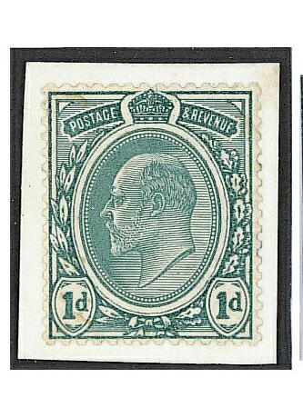 1902-10 De La Rue: 1902 1d. blue-green perfd. "Transvaal" essay, type 2 monuted on card, printed in green with the thin line painted between the oval and the King's head and joined to the base of the Crown. The value tablets and Crown touched-in white, scarce.